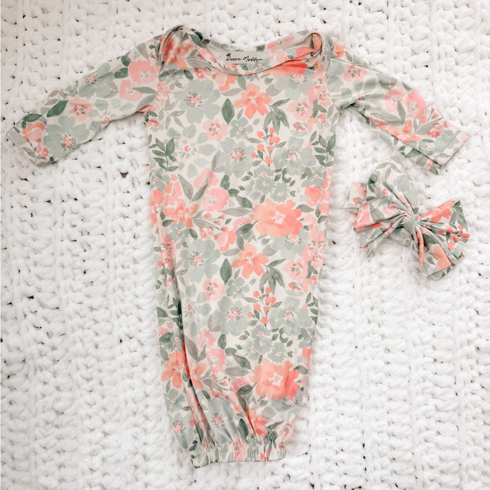 Floral Baby Gown with Matching Bow - Pink & Sage